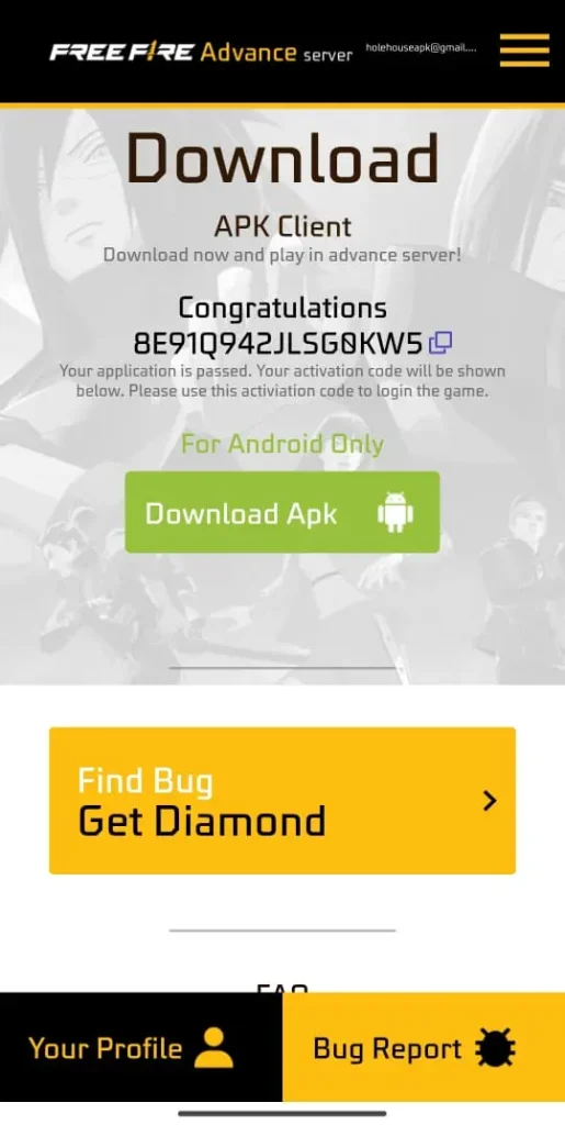 free fire advance server ob51 activation code