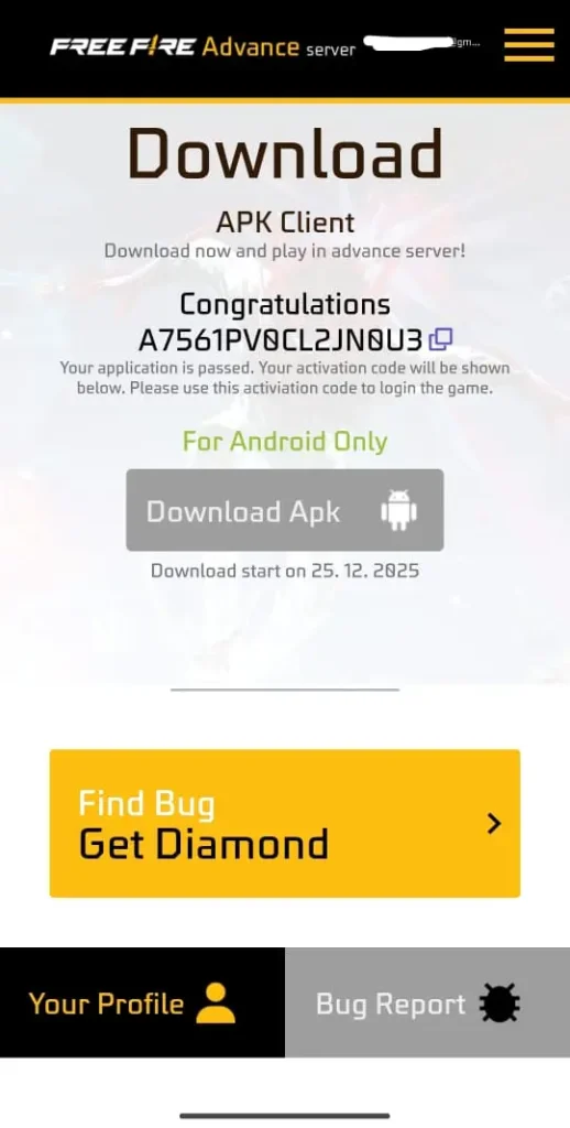 free fire advance server ob52 activation code