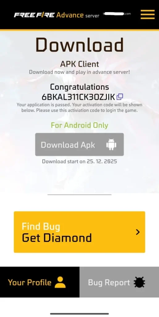 free fire advance server ob52 activation code