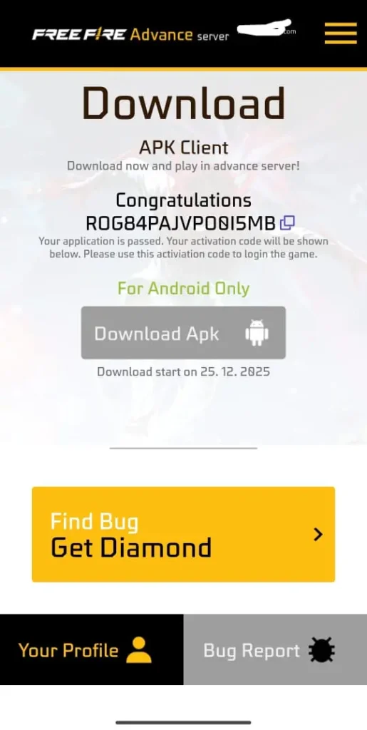 free fire advance server ob52 activation code