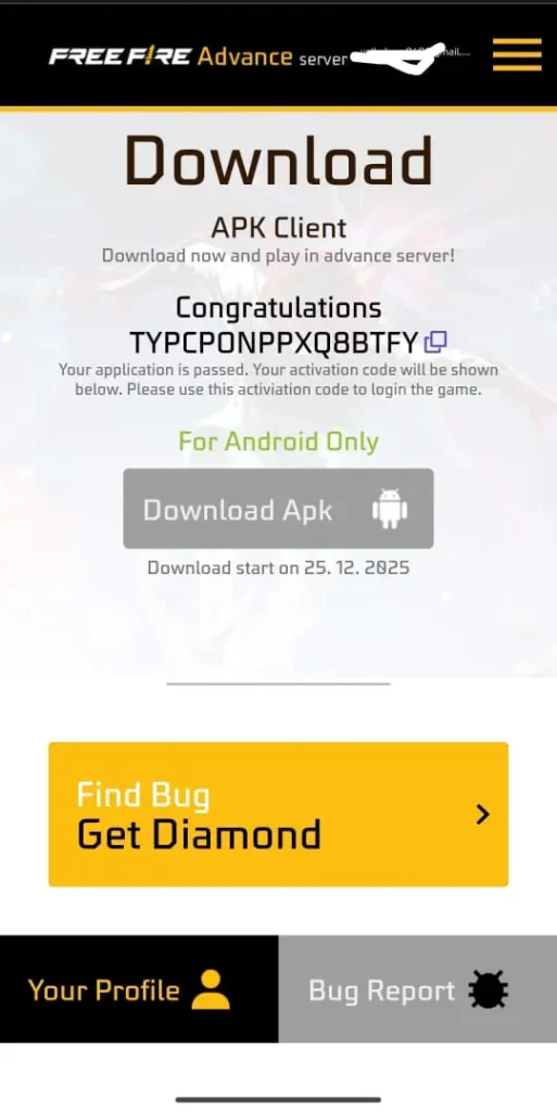 free fire advance server ob52 activation code
