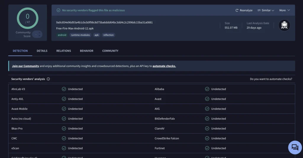 Free Fire Max Android 12 APK Virustotal Result