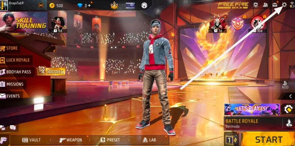 Guide To Bind Free Fire UID: Click on the settings option