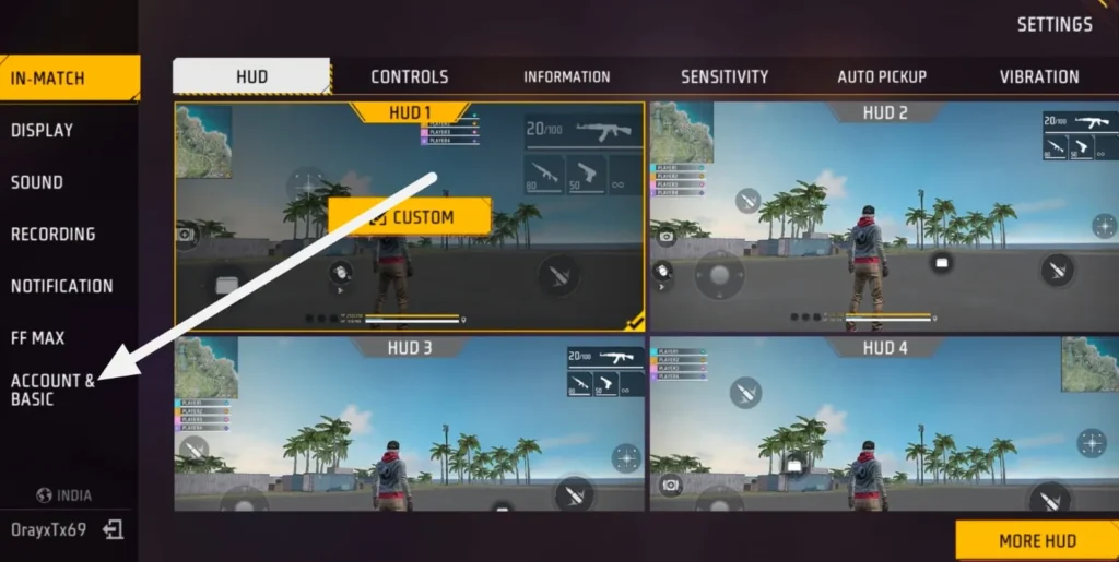 Guide To Bind Free Fire UID: Click on the accounts & basic option under settings