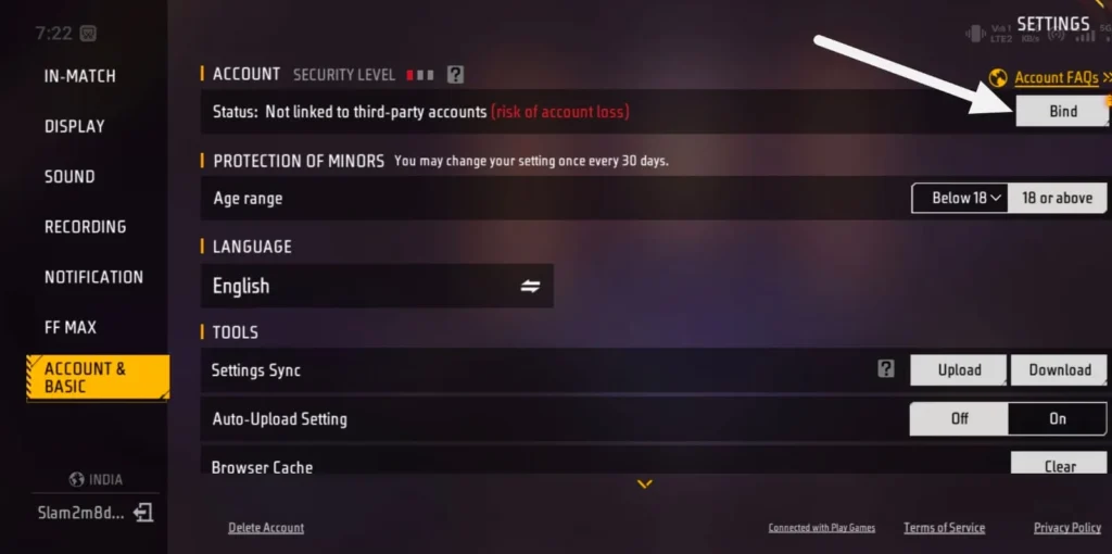 Guide To Bind Free Fire UID - Under account, click on the bind option.